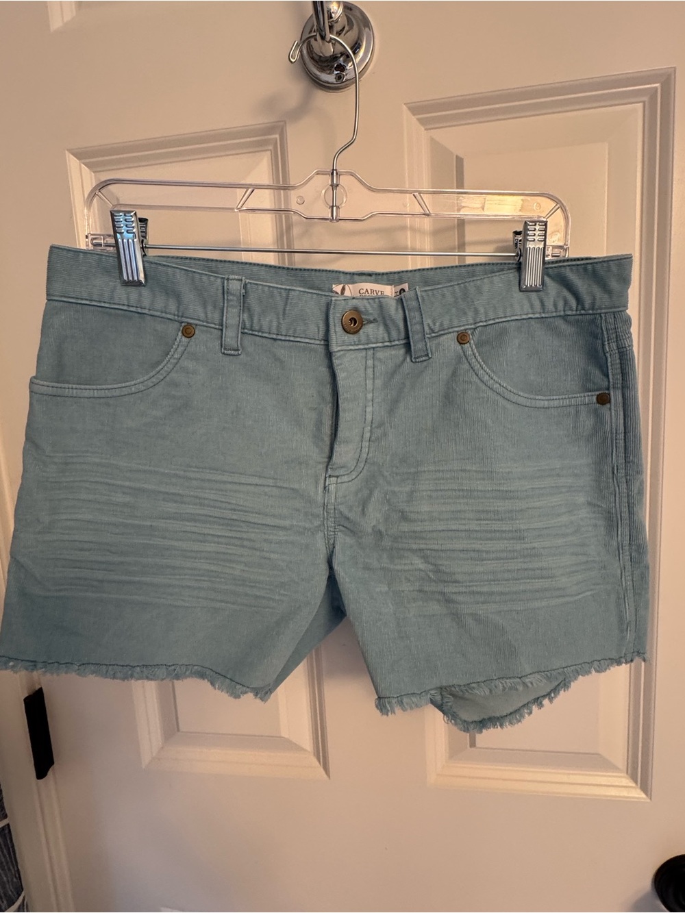 Carve Designs Oahu Pale Aqua Blue 4” frayed hem short size 6